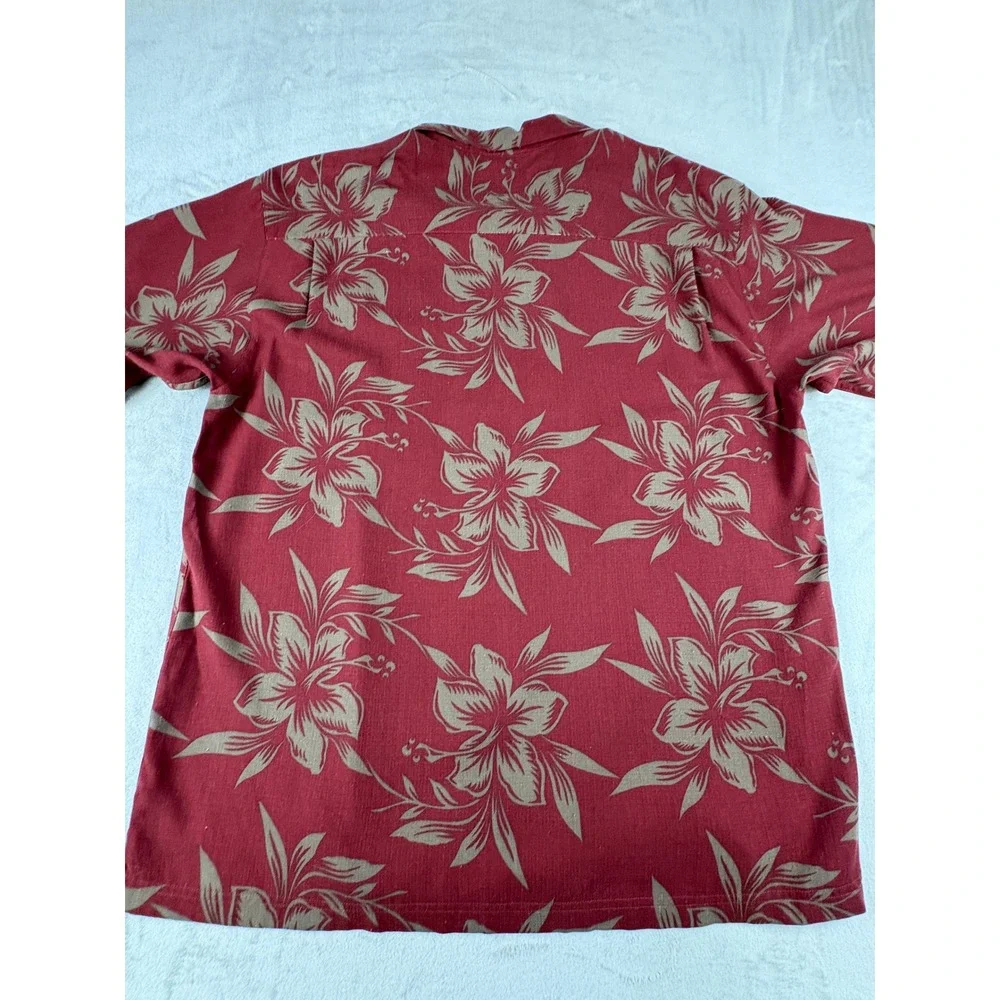 Haggar Mens XL Silk Aloha Shirt Red Tan Floral Hibiscus Short Sleeve Button Up
